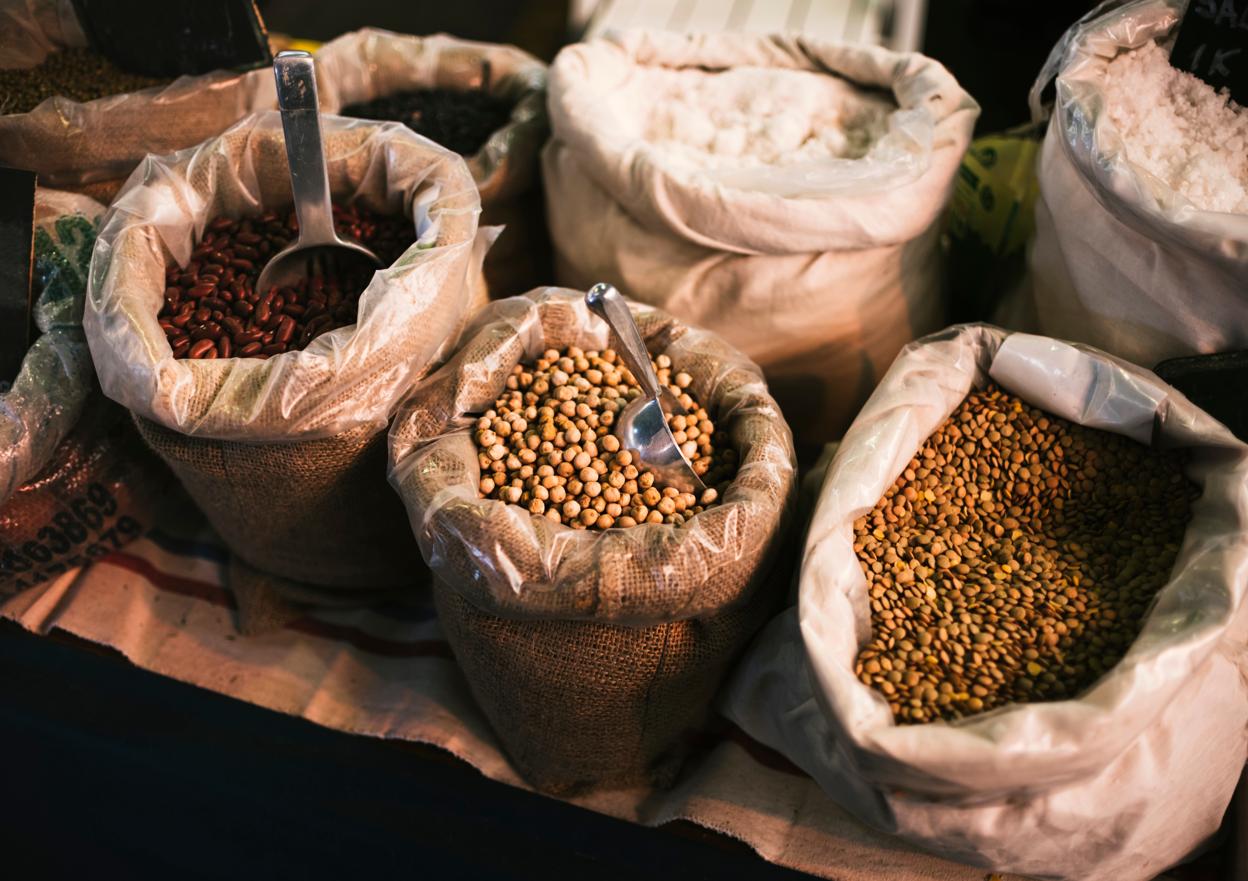 Collected grains in sacks